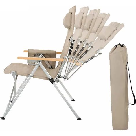 Chaise camping pliable 5 positions beige avec appui-tête et poche latérale, dossier réglable, structure aluminium, chaise extérieur pour plage jardin camping, confortable (1/5)