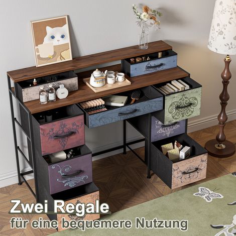 JOOKGBD-Vintage-Kommode 121x40x91 cm, Stauraumkommode mit 9 Schubladen und 2 offenen Fächern, Schminktisch ohne Spiegel, für Schlafzimmer, Holz, Metall,Schwarz