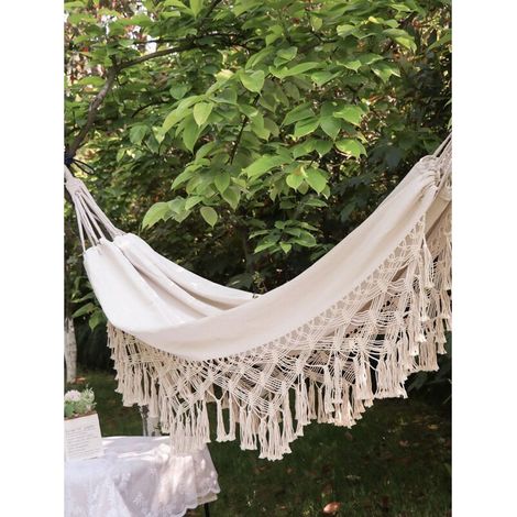 Hamac blanc 200 x 150 cm – Charge maximale 300 kg – 1 à 2 personnes – Coton et polyester résistant aux intempéries – Pour camping et jardin (1/5)