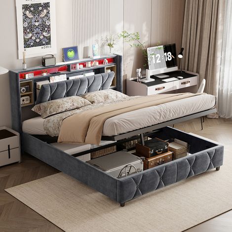 Lit coffre 140 x 200 , lit 2 personnes,chargement usb + type c, lit adulte led, cadre de lit avec sommier à lattes, velours, gris (1/5)