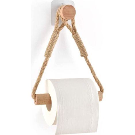 royaluxe - Auto Adhésif Support pour Rouleau de Papier Toilette, Porte-Papier Salle de Bain Support de Rouleau de Serviette Toilette Corde en Bois Anneau De Serviette Rustic,une pièce, (1/5)