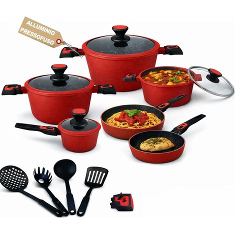Batteria Pentole Rubino Suprem 24PZ Alluminio Pressofuso Rosso Manici Removibili
