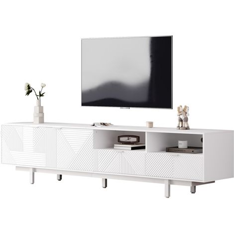 Meuble TV bohème moderne 200x40x51 cm, design géométrique blanc, portes minimalistes, rangement, compatible TV jusqu'à 90 pouces (1/5)