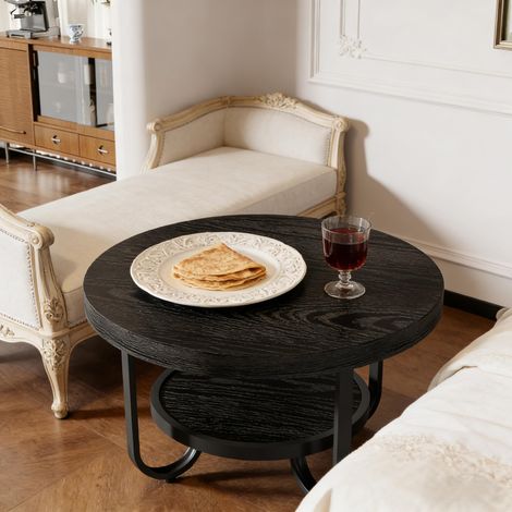 Table basse ronde 2 niveaux, table cocktail ou à thé, meuble d'appoint en bois, design moderne, plateau double, usage salon/séjour, pièce unique, dimension compacte. (1/5)