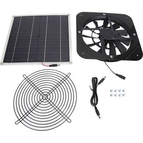 Kit de ventilateur solaire avec panneau solaire 100 W et ventilateur rond de 25 cm (10 pouces) pour serre, abri de jardin ou poulailler (noir). (1/5)