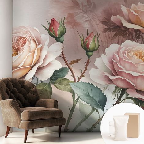 Tapete Vliestapete mit Kleber - Wanddekoration Wohnzimmer - Tapete Schlafzimmer Pastellfarbene Rosen 250x250 cm (1/5)