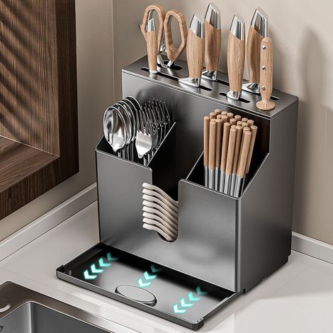 Organisateur de support à couteaux de cuisine : porte-couteaux sans perçage, support multifonction pour outils de chef, rangement de couteaux et porte-baguettes pour plan de travail.