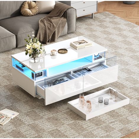 Tavolino da salotto in truciolare bianco lucido 90 cm con 2 cassetti, vassoio removibile e LED (1/5)