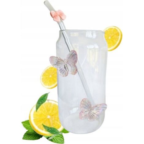 Verre Haut - 500 ml - Avec Paille Et Couvercle En Bambou - Design Papillon Rose (1/4)
