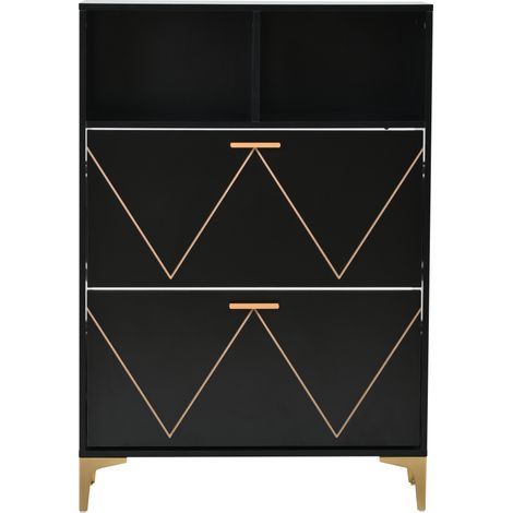 Meuble à chaussures noir 80x25x117 cm avec 2 portes battantes, 4 compartiments, étagères semi-ouvertes et pieds métalliques (1/5)