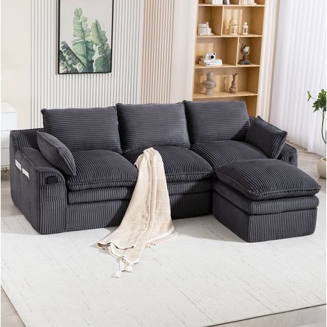 Canapé modulaire 263x167x85 cm gris foncé en velours côtelé avec pouf, coussins, poches latérales et ressorts (1/5)