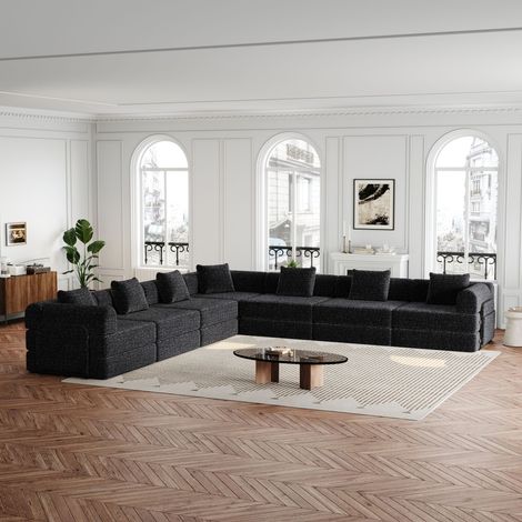 REDOM Sofá modular de 6 plazas almacenamiento en el reposabrazos, soporte de acero, configuraciones modulares, chenilla negra (1/5)