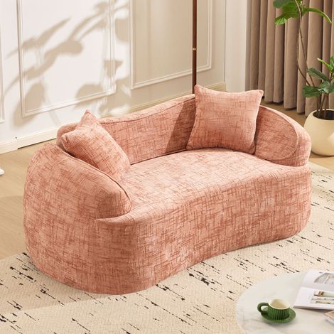 Rosa gebogene Zweisitzer-Sofa mit Armlehnen, Kompressions-Couch mit 2 Kissen, Creme-Farbenes Sofa für kleine Räume, Wohnzimmer, Schlafzimmer, keine Montage erforderlich