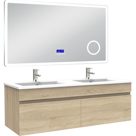Ocean Ensemble meuble 120 cm, lavabo céramique double + Miroir salle de bain Bluetooth avec 3 couleurs dimmable, Chêne Wotan à suspendre