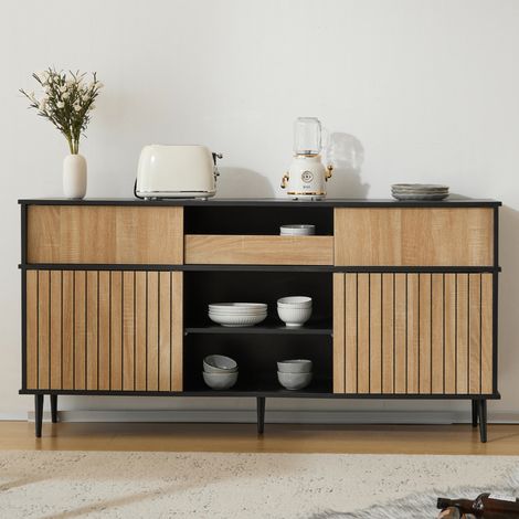 Mueble TV 160 x 40 x 80 cm con 4 puertas correderas y 1 cajón, negro y natural DESVIAE (1/5)