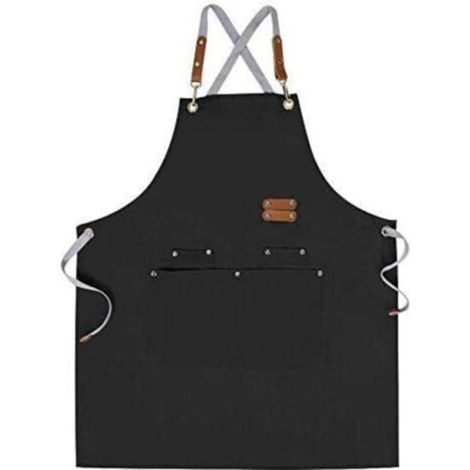 Tablier de Chef Tablier à Dos Croisé pour Hommes Femmes avec Bretelles Réglables et Grandes Poches, Toile, Noir (1/4)
