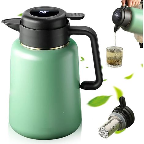 Thermos avec passoire à thé - 1,8 l - Avec affichage de la température - En acier inoxydable 316 - Théière à café - Carafe isotherme - Vert clair (1/5)