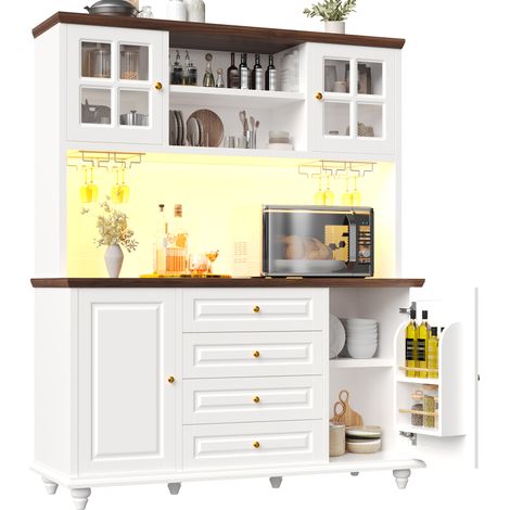 Buffet Haut Cuisine LED 140 cm Armoire de Cuisine Blanc avec Étagères Réglables et Porte-Verres (1/5)