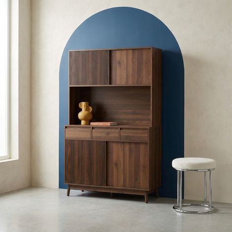Buffet de cuisine Linear décor bois 4 portes 3 tiroirs 110 cm. noyer. pieds en bois de pain revêtement papier (1/5)
