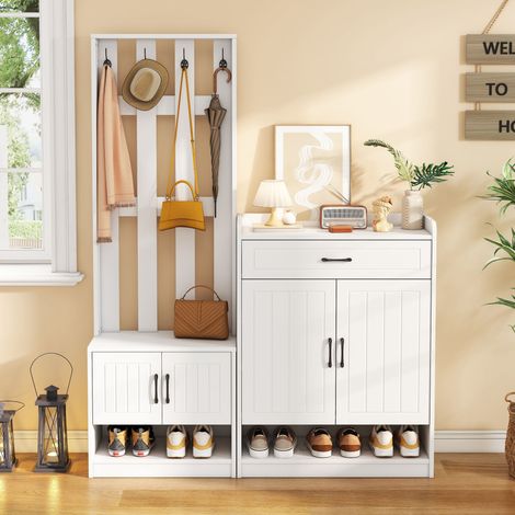 Vestiaire d’Entrée 140,6x32x180 cm avec Panneau Mural et Meuble à Chaussures, Rangement Gain de Place, Blanc Mat