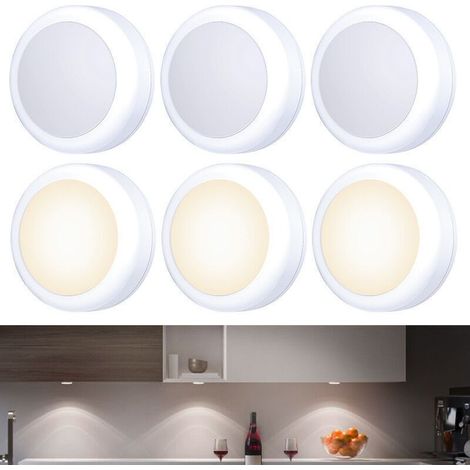 Lot de 6petits spots LED tactiles, adhésifs, à piles, intérieur, armoires, armoires, armoires de cuisine, blanc chaud (1/5)