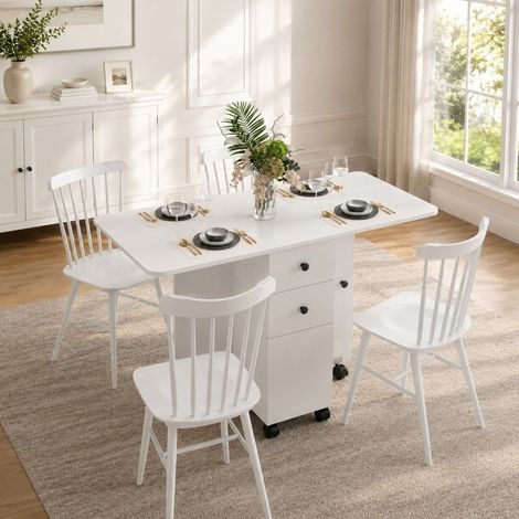 Mesa de comedor plegable 120/60 cm blanca con cajones y ruedas (1/5)