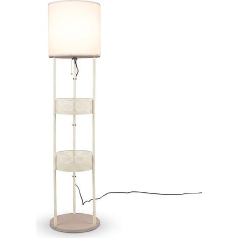 Lampadaire 158 cm en métal et bois avec panier, étagère et interrupteur à cordon, abat-jour en lin pour salon et chambre