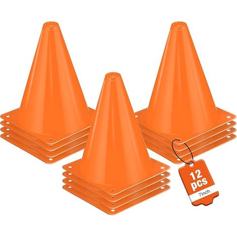 Cône Sportif - 7 Pouces - Base Carrée 13,5 Cm - Polyéthylène Souple - Orange Vif - Pour Entraînement Football Basket Agility - Lot De 12 (1/3)