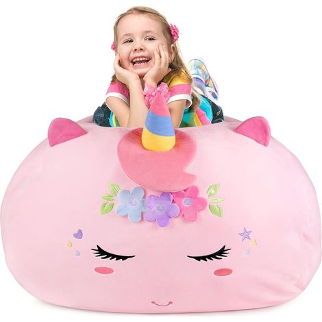 Pouf Enfant 200L - Housse Uniquement Grande Housse Pouf Poire Rangement Peluche Bean Bag Lapin avec Oreilles Housse de Pouf Lavable avec Fermeture Éclair Cachée et Poignée pour Chambre Enfant (1/5)