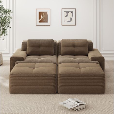 Canapé modular de pana marrón, asiento profundo 74 cm, diseño sin patas y sin montaje (1/5)