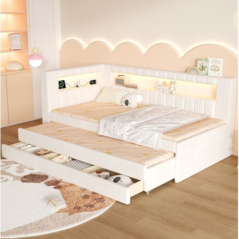 Cama nido 90x200 cm blanca en MDF y contrachapado tapizada con LED, USB, cama extraíble y 3 cajones (1/5)