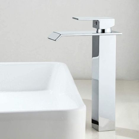 Rubinetto per bagno, miscelatore per lavabo a cascata alta, rubinetto rettangolare dal design moderno per lavabo, valvola in ceramica a risparmio idrico, metallo cromato di alta qualità. (1/4)