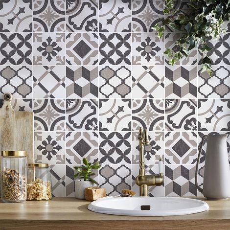 Sticker Mural Carrelage adhésif Cuisine Salle de Bain - 9 STICKERS CARREAUX DE CIMENT AZULEJOS ANDY - 9stickers20x20cm (1/5)