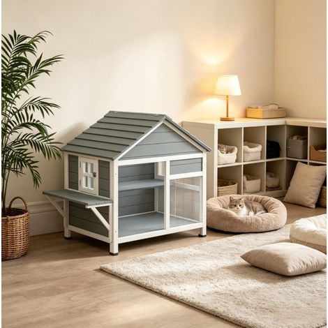 Maison pour chat d'extérieur 101x72,5x81 cm en bois gris, toit ouvrant pour jardin FloraGrace (1/5)