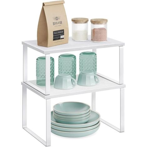 Étagère à Épices, Lot de 2, Organisateur de Placard, Étagère de Rangement de Cuisine Extensible, Porte-épices Empilable, Métal, Bois d’Ingénierie, Blanc Nuage et Blanc Neige (1/5)