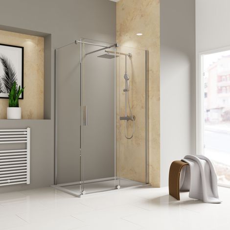Porte de douche coulissante + paroi de retour fixe, 120 x 80 x 200 cm, verre 8 mm, profilé aspect chromé, Toura, Schulte