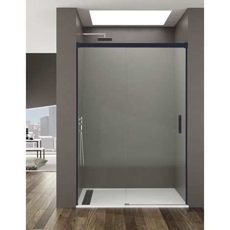 Mampara de ducha Frontal ALLSTONE BASIC 1+1, sin perfil inferior 5 colores de perfilería, 2 tipos de cristal de 6mm en Aluminio perfil Negro 145-150 cm cristal Transparente (1/3)
