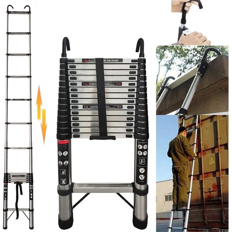 Telescoping Ladder With 2 Detachable Hooks , Extension Ladders 4.4M Telescopic Folding Extendable Portable - Great for Cleaning Gutters, Decorating, Painting Walls ,EN131