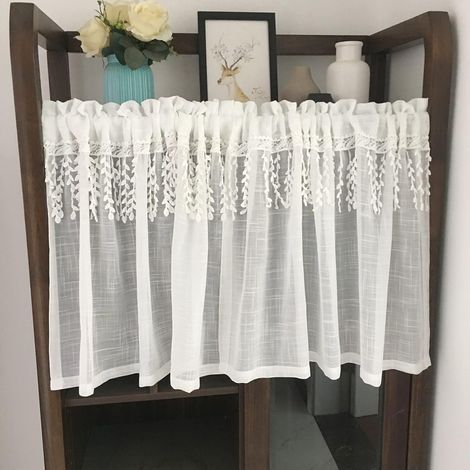 Rideau de Cuisine Court pour Petit Fenêtre Voilage Blanc Solide Semi Transparent Retro Coton Lin Broderie Dentelle Voile Rideau Brise-bise Rideaux à Disques Cantonnières Demi Rideau Bistro (1/5)