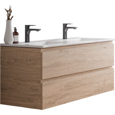 BERNSTEIN - Meuble double vasque suspendu salle de bain MDF Chêne miel, lavabos Céramique Blanc brillant + trous robinets, trop plein & Bondes - 120x46x50cm - AVA Blanc brillant, Chêne Miel doré