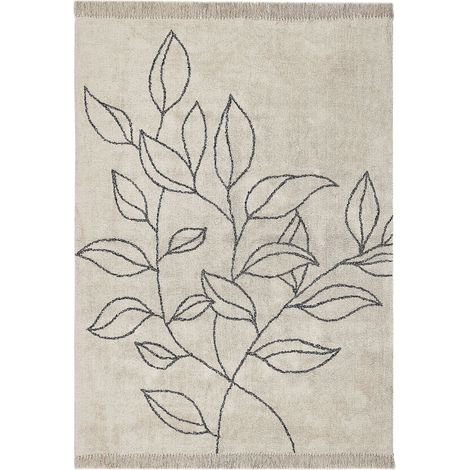 Tappeto cotone trapuntato motivo a foglie e nappe 160 x 230 cm beige e nero Sazli