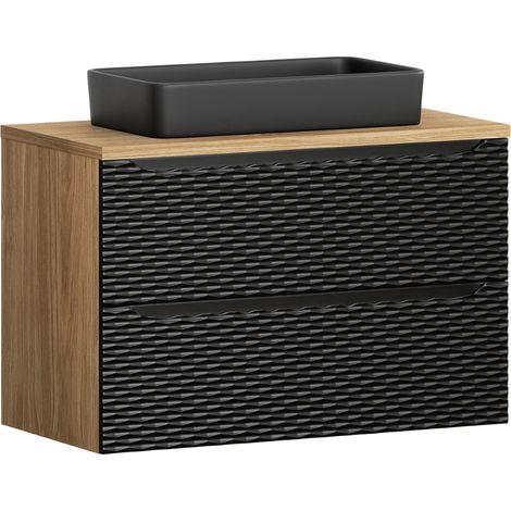 Waschtisch 90cm in Eiche mit schwarz, OLUO-56-BLACK, Front mit 3D-Struktur in Wellenoptik (1/5)