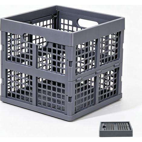 Boîte pliante de 36 l - Solide - En plastique - Empilable - Avec poignées - Panier de courses pliable - Peu encombrant - Pour la maison, la voiture, le bureau - Gris (1/5)