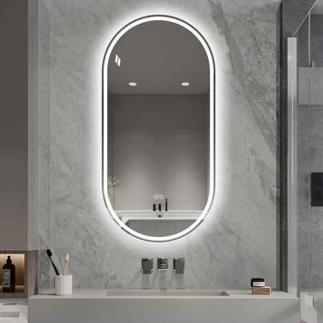 Miroir intelligent ovale sans cadre 60 x 120 cm, à fixation murale, avec écran tactile et traitement antibuée, pour salle de bain. (1/5)