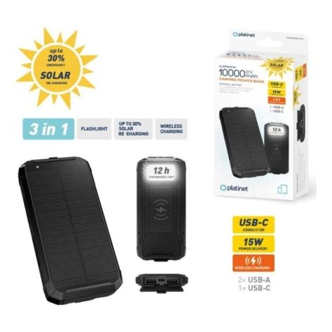 Powerbank platinet camping 10000mah cargador solar inalambrico 15w linterna 2xusb-a 1xusb-c