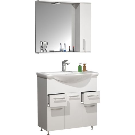 VCM 3 pcs Lavabo  Lavabo Gabinete inferior 75 cm  Juego de muebles de baño con lavabo  Cajones prácticos Girando puertas  Armario de espejo  Conjunto completo Lisalo XL (Blanco)