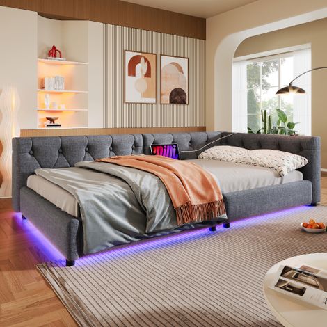 Schlafsofa, Daybett, Tagesbett,Schlafsofa mit Lattenrost (ohne Matratze), Ambientebeleuchtung mit Fernbedienung, Kopfteil mit Knopftuft, Usb+Typ-c, Leinen