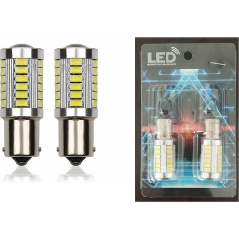 2er-Set LED-Lampen, 33 SMD, mit Lupenlinse, BAU15S 1156 (P21W), 12 V, weißes Licht, versetzte Pins (150°)