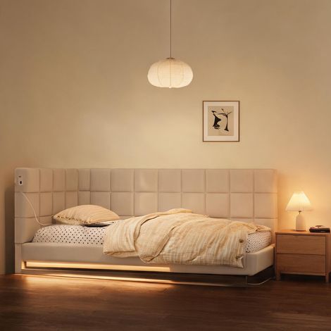 Cadre de lit beige en lin 206 x 97 x 63 cm (1/5)