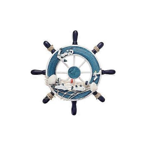 WINOMO Holz-Strandboot-Steuerrad 23 cm Fischernetz Heimwanddekoration (Blau)
